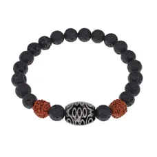 Браслет с 21-глазой Дзи, нат. рудракшей и синт. камнем Лава BSDR-02-09