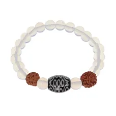 Браслет с 21-глазой Дзи, нат. рудракшей и синт. камнем Лунный камень BSDR-02-11