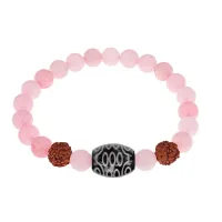 Браслет с 21-глазой Дзи, нат. рудракшей и синт. камнем Розовый кварц BSDR-02-15