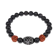 Браслет с 21-глазой Дзи, нат. рудракшей и синт. камнем Черный агат BSDR-02-23