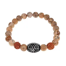 Браслет с 21-глазой Дзи, нат. рудракшей и синт. камнем Песочная яшма BSDR-02-28