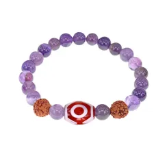Браслет с 3-глазой Дзи, нат. рудракшей и синт. камнем Аметист BSDR-03-03