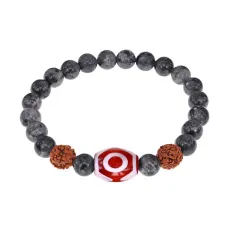 Браслет с 3-глазой Дзи, нат. рудракшей и синт. камнем Лабрадор BSDR-03-08