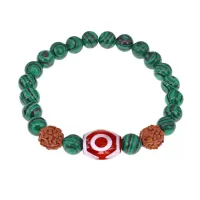 Браслет с 3-глазой Дзи, нат. рудракшей и синт. камнем Малахит BSDR-03-12