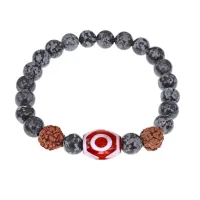 Браслет с 3-глазой Дзи, нат. рудракшей и синт. камнем Снежный обсидиан BSDR-03-14