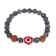 Браслет с 3-глазой Дзи, нат. рудракшей и синт. камнем Снежный обсидиан BSDR-03-14