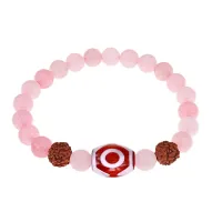 Браслет с 3-глазой Дзи, нат. рудракшей и синт. камнем Розовый кварц BSDR-03-15