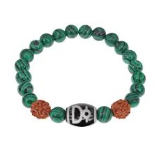Браслет с Дзи Кубера, нат. рудракшей и синт. камнем Малахит BSDR-04-12