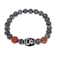 Браслет с Дзи Кубера, нат. рудракшей и синт. камнем Снежный обсидиан BSDR-04-14