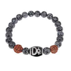 Браслет с Дзи Кубера, нат. рудракшей и синт. камнем Снежный обсидиан BSDR-04-14