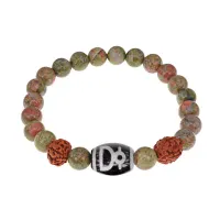 Браслет с Дзи Кубера, нат. рудракшей и синт. камнем Унакит BSDR-04-20