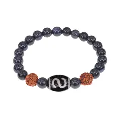 Браслет с Дзи Денежный крючок, нат. рудракшей и синт. камнем Синий авантюрин BSDR-05-02