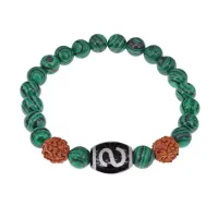 Браслет с Дзи Денежный крючок, нат. рудракшей и синт. камнем Малахит BSDR-05-12