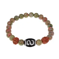 Браслет с Дзи Денежный крючок, нат. рудракшей и синт. камнем Унакит BSDR-05-20