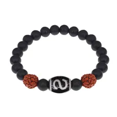 Браслет с Дзи Денежный крючок, нат. рудракшей и синт. камнем Шунгит BSDR-05-24