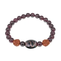 Браслет с Дзи Денежный крючок, нат. рудракшей и синт. камнем Гранат BSDR-06-06