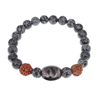 Браслет с Дзи Денежный крючок, нат. рудракшей и синт. камнем Снежный обсидиан BSDR-06-14
