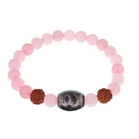 Браслет с Дзи Денежный крючок, нат. рудракшей и синт. камнем Розовый кварц BSDR-06-15