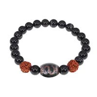 Браслет с Дзи Денежный крючок, нат. рудракшей и синт. камнем Черный агат BSDR-06-23