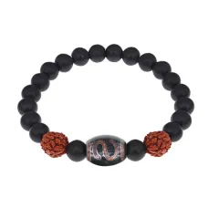 Браслет с Дзи Денежный крючок, нат. рудракшей и синт. камнем Шунгит BSDR-06-24