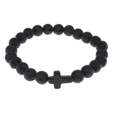 Христианский браслет Крест с нат.камнем Лава 8мм BSH-12-09