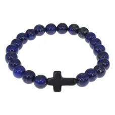 Христианский браслет Крест с нат.камнем Лазурит 8мм BSH-12-10