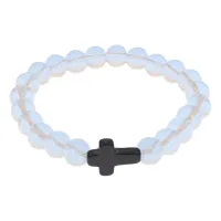Христианский браслет Крест с синт.камнем Лунный камень 8мм BSH-12-11