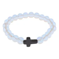 Христианский браслет Крест с синт.камнем Лунный камень 8мм BSH-12-11