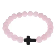 Христианский браслет Крест с нат.камнем Розовый кварц 8мм BSH-12-15