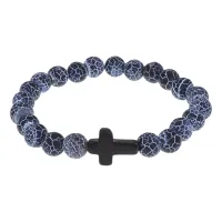 Христианский браслет Крест с натуральным камнем синий Африканский агат 8мм BSH-12-27