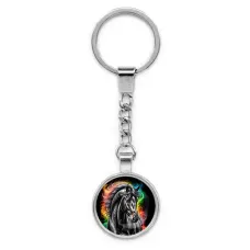 Круглый брелок, цвет серебро, с цепочкой, Черный конь C0907022