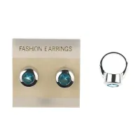 Комплект из кольца и серег, цвет бирюзовый UH066-01