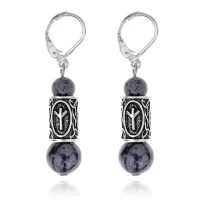 Серьги-амулеты с руной Альгиз (Защита от зла, сила, самоконтроль), обсидиан SERS015