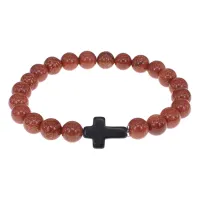 Христианский браслет Крест с синтетическим камнем Коричневый авантюрин 8мм BSHE-12-01