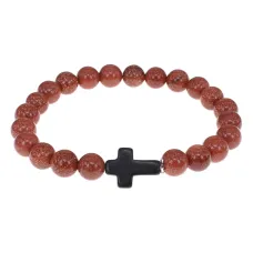 Христианский браслет Крест с синтетическим камнем Коричневый авантюрин 8мм BSHE-12-01