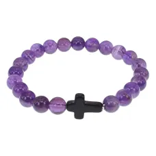 Христианский браслет Крест с нат.камнем Аметист 8мм BSHE-12-03