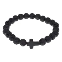Христианский браслет Крест с нат.камнем Лава 8мм BSHE-12-09