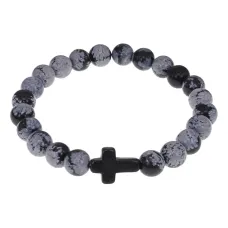 Христианский браслет Крест с нат.камнем Снежный обсидиан 8мм BSHE-12-14