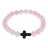 Христианский браслет Крест с нат.камнем Розовый кварц 8мм BSHE-12-15
