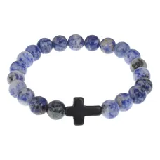 Христианский браслет Крест с нат.камнем Содалит 8мм BSHE-12-18