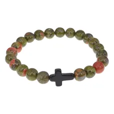 Христианский браслет Крест с нат.камнем Унакит 8мм BSHE-12-20