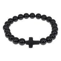 Христианский браслет Крест с нат.камнем Черный агат 8мм BSHE-12-23