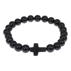 Христианский браслет Крест с нат.камнем Черный агат 8мм BSHE-12-23