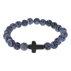 Христианский браслет Крест с нат.камнем синий Африканский агат 8мм BSHE-12-27