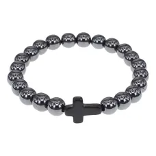Христианский браслет Крест с синт.камнем Гематит (не магнит.) 8мм BSHE-12-28