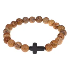 Христианский браслет Крест с нат.камнем Песочная яшма 8мм BSHE-12-30