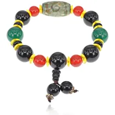 Браслет с бусиной Дзи 3 глаза и Гуру-бусиной, натуральный агат BSDZ-023