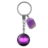 Брелок из нержавеющей стали Аджна чакра с натуральным камнем Аметист BKM-039