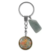 Брелок из нержавеющей стали Калачакра мандала с натуральным камнем Нефрит BKM-045