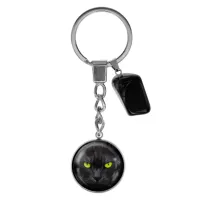 Брелок из нержавеющей стали Черный кот с натуральным камнем Черный агат BKM-046